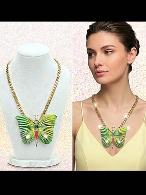 Gold Plated Bright Green Pink Tone Colorful Crystal Accent Butterfly Necklace